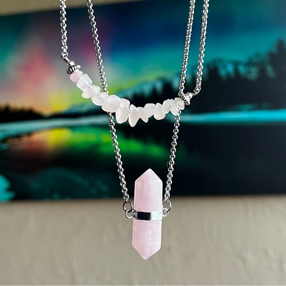 Handmade Double layer necklace rose quartz crystal gemstone boho choker - Picture 2 of 11